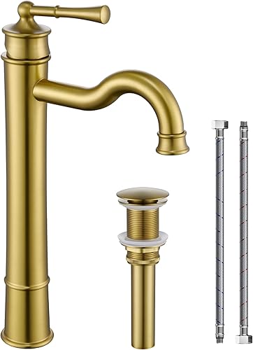 Grifo de lavabo con montaje en cubierta de oro cepillado, grifo de baño alto, orificio único, con tapón de drenaje automático, sin desbordamiento,