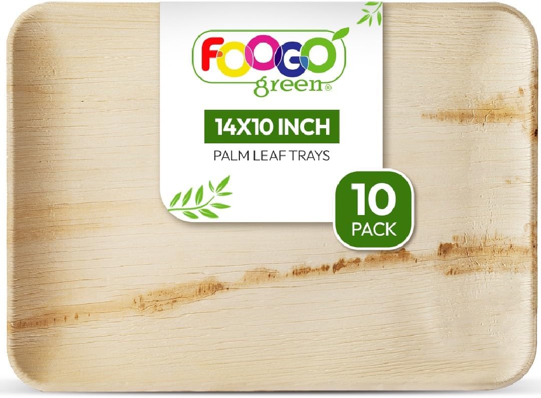 FOOGO Green 10 Disposable Palm Leaf Serving Trays, Large 14×10 inch (35x25cm), Platters Starters Wedding Parties, Charcuterie Board, Wooden Plates Hot Food Trays, Eco Friendly Biodegradable Food Trays