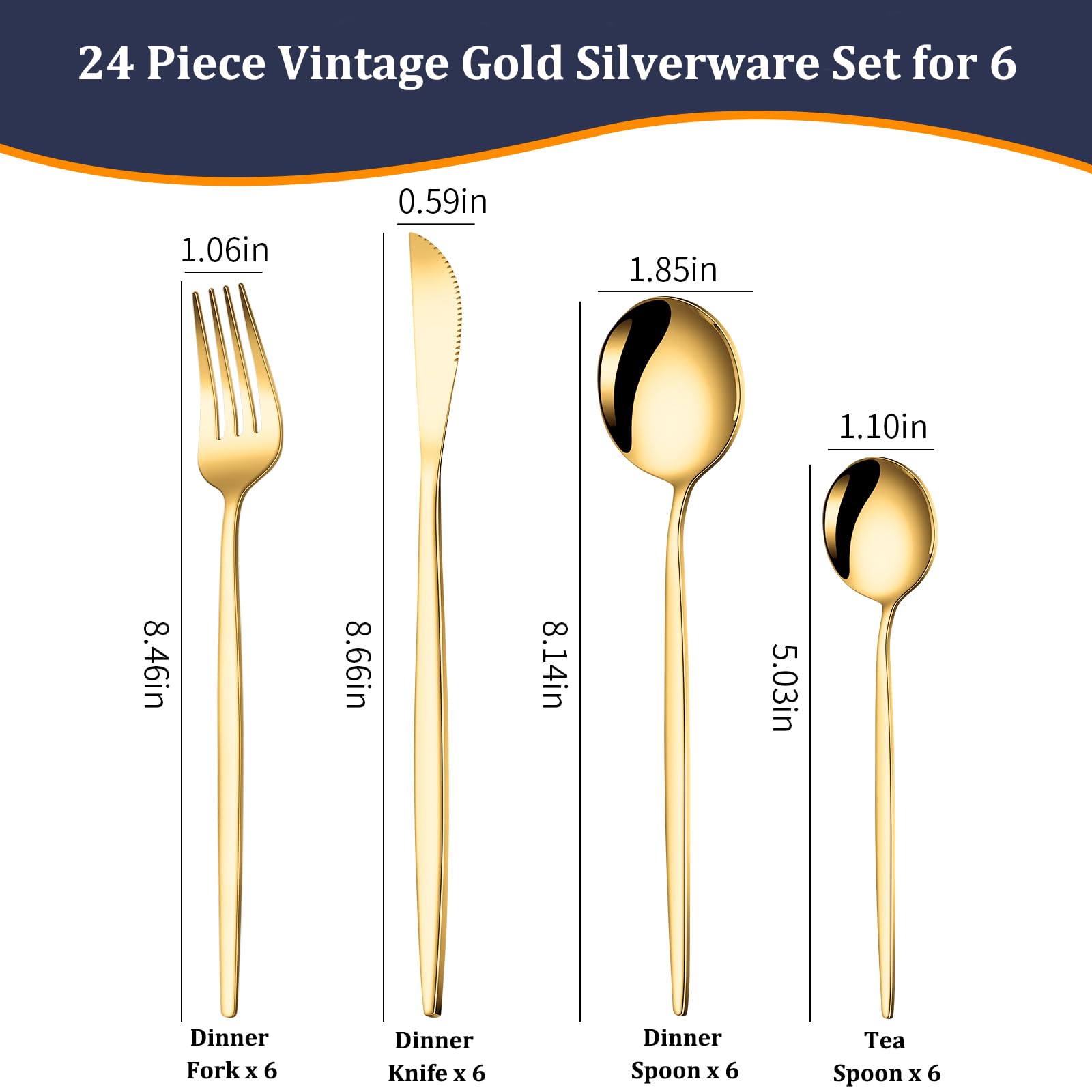 PEIRONG 24-Piece Gold Silverware Set for 6, Stainless Steel Flatware Cutlery Set, Eating Utensils Set Tableware Included Steak Knives Spoons and Forks Set For Home,Restaurant,Party
