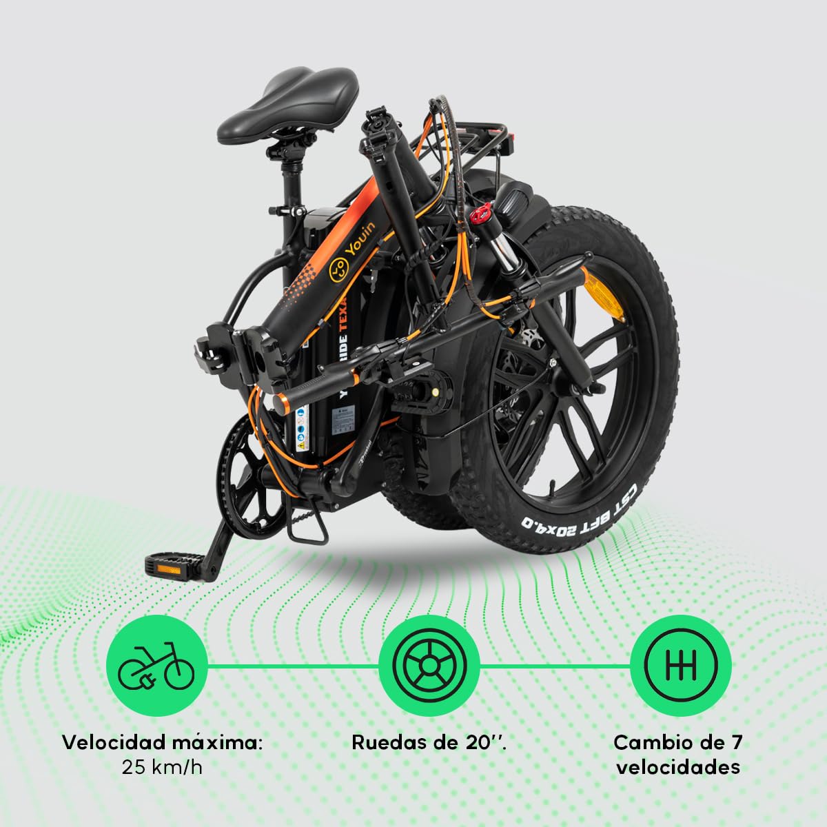 Youin Texas Vélo électrique Pliable Tout-Terrain Moteur 250 W Vitesse 25 km/h Autonomie 45 km Freins à Disque Batterie 36 V 10 Ah Roues 20" Fat
