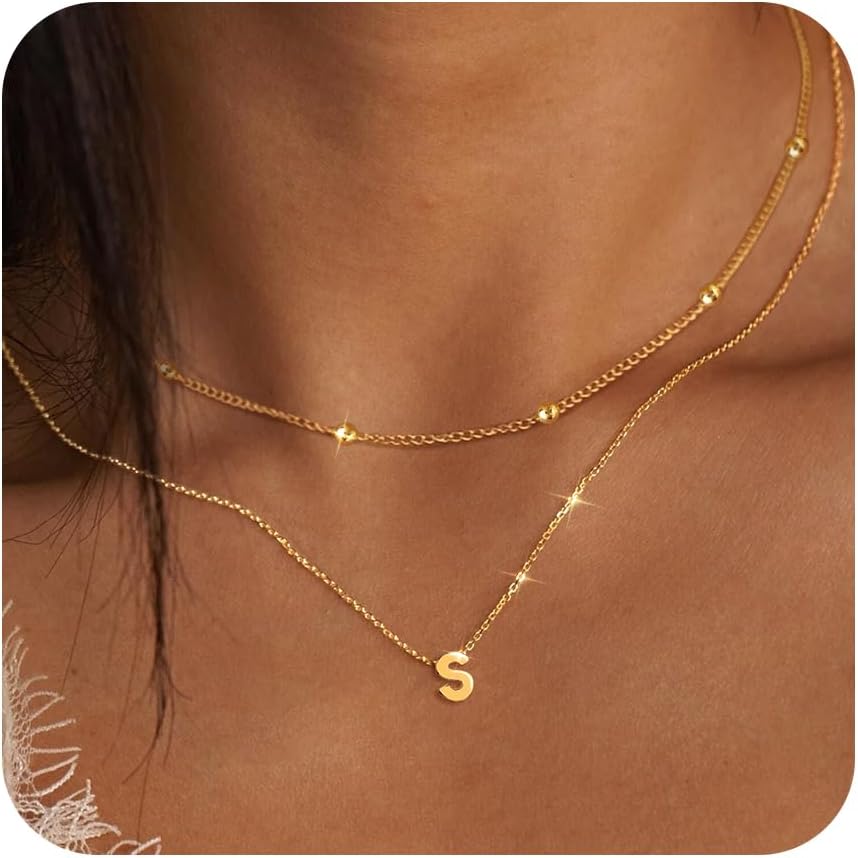 PoxtexGold Initial Necklace for Women Silver Layered Letter Jewelry Dainty A-Z Tiny Pendant Choker Necklace Personalized Monogram Name Necklace Waterproof Non Tarnish,Jewelry Gift for Women