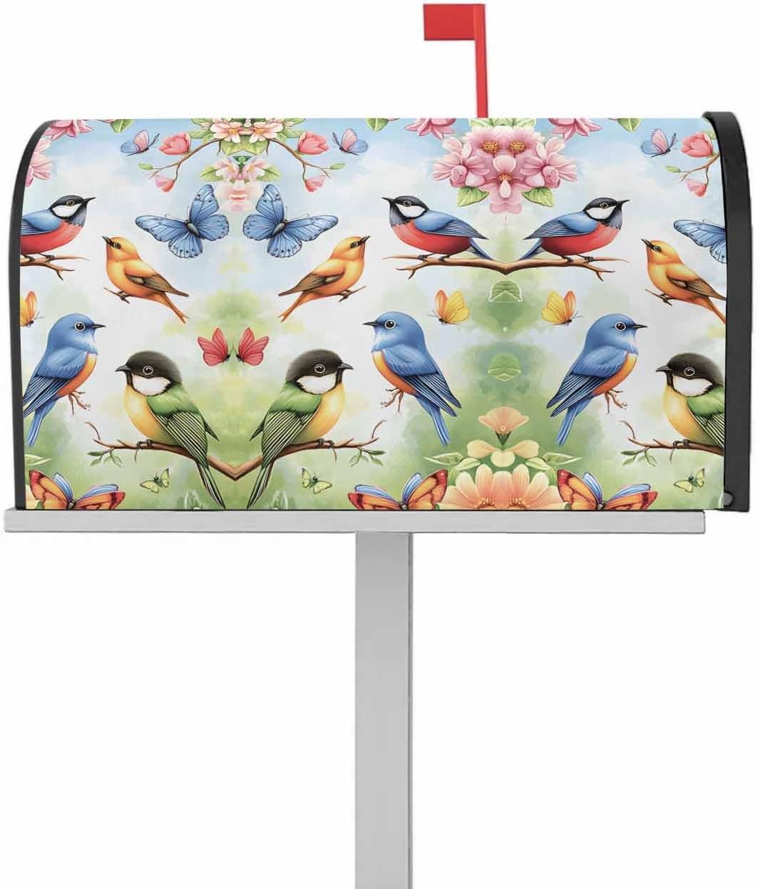 Spring Floral Mailbox Covers Magnetic Standard Size, Pastoral Butterfly Birds Elegant Decorative Post Letter Numbers Box Wrap Decoration Covers Large Accessories for Garden Yard Outdoor Décor