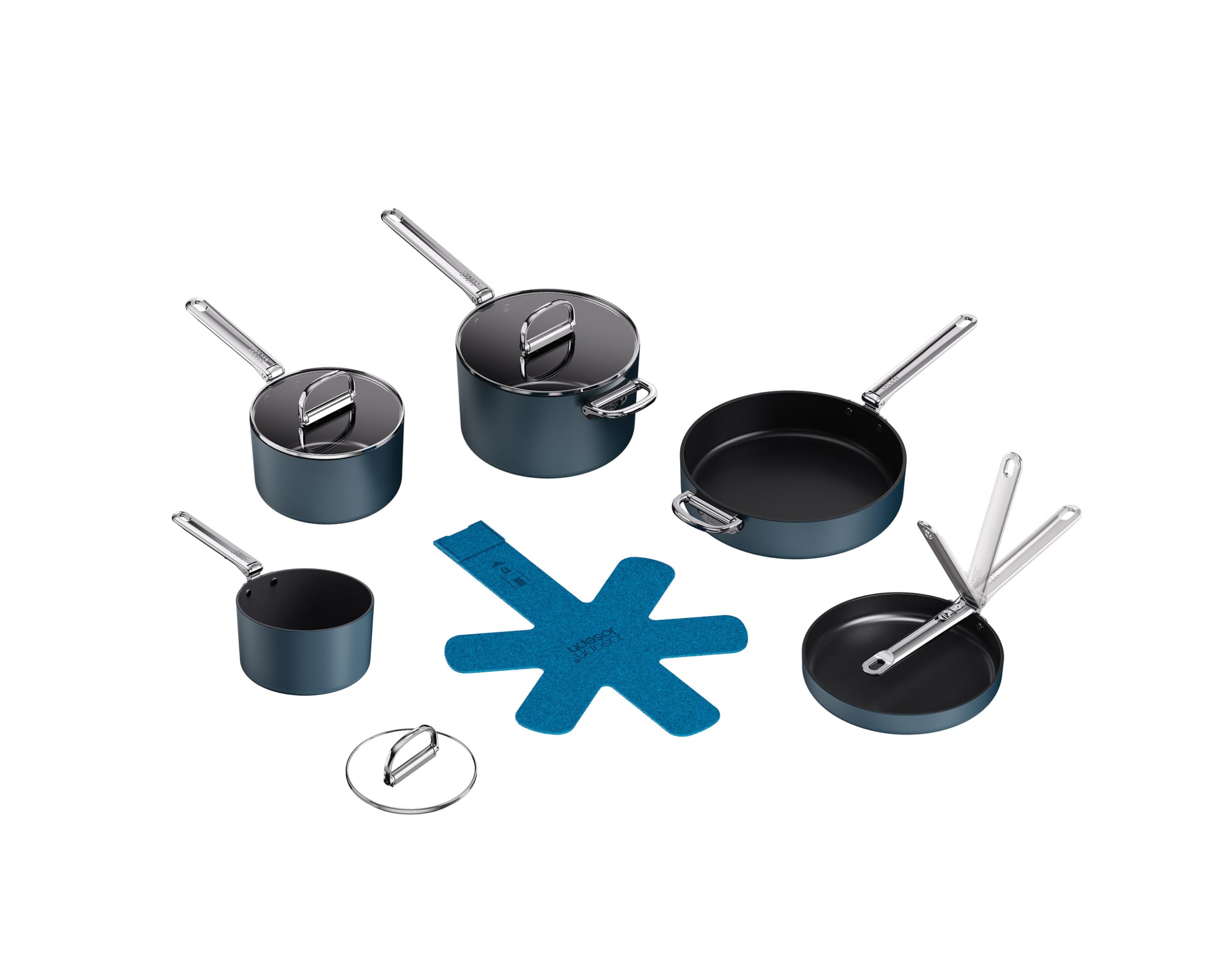 Joseph Joseph Space Batería de Cocina 5 Piezas, Ollas y Sartenes con Organizador de Tapas, Mangos Plegables, Inducción y Horno, Revestimiento Cerámico