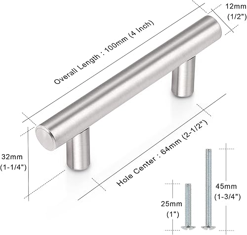 Miniatura 6 de Probrico Paquete de 25 manijas de gabinete de cocina de 2.5 pulgadas, tiradores de gabinete de níquel cepillado, tiradores de tocador de barra en T,