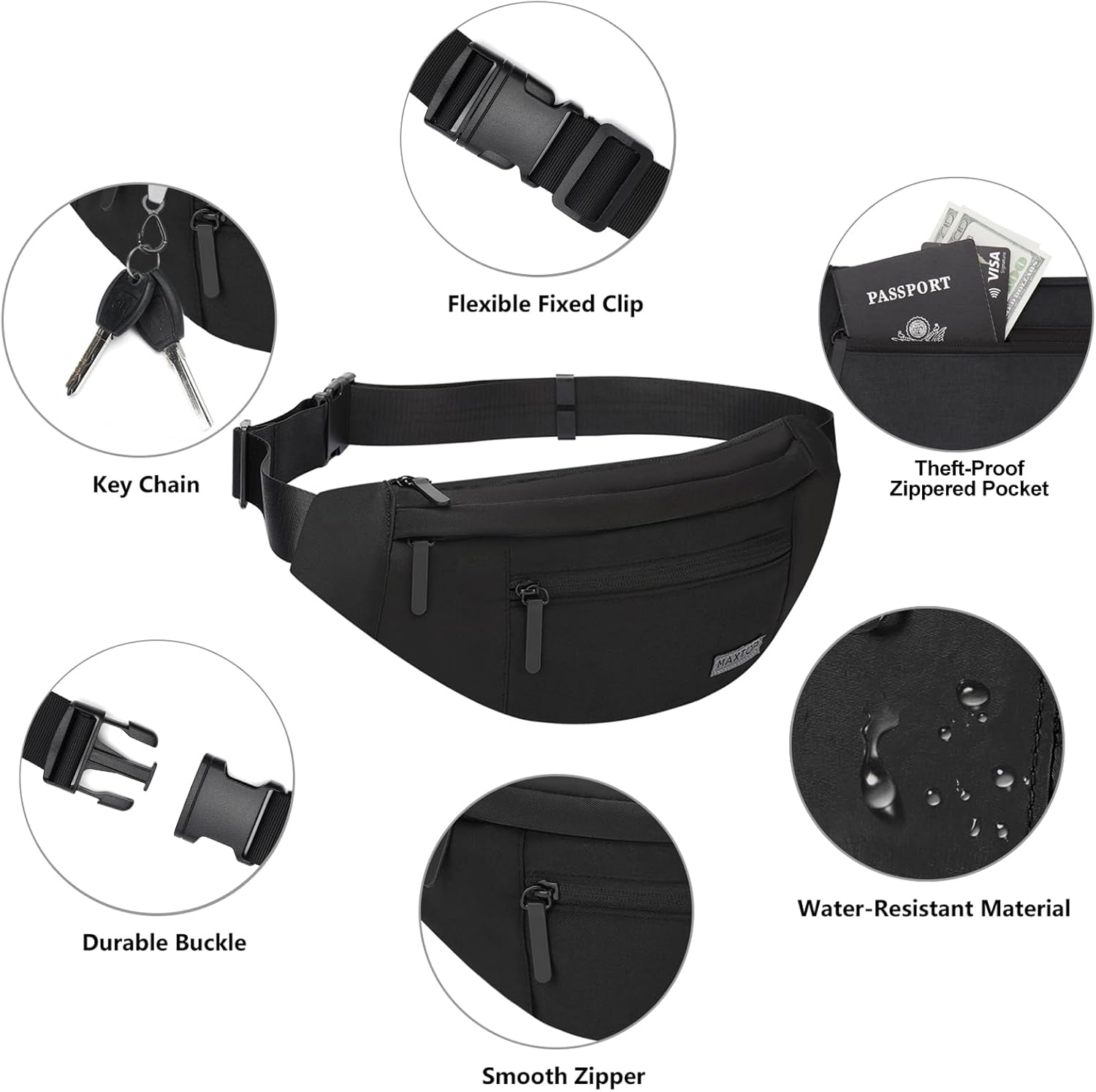 MAXTOP Large Crossbody Fanny Pack Waist Pack with 4-Zipper Pockets Hiking Travel Essentials for Women Men Belt Bag, for Hiking Running Travel Cycling,Black - Image 4