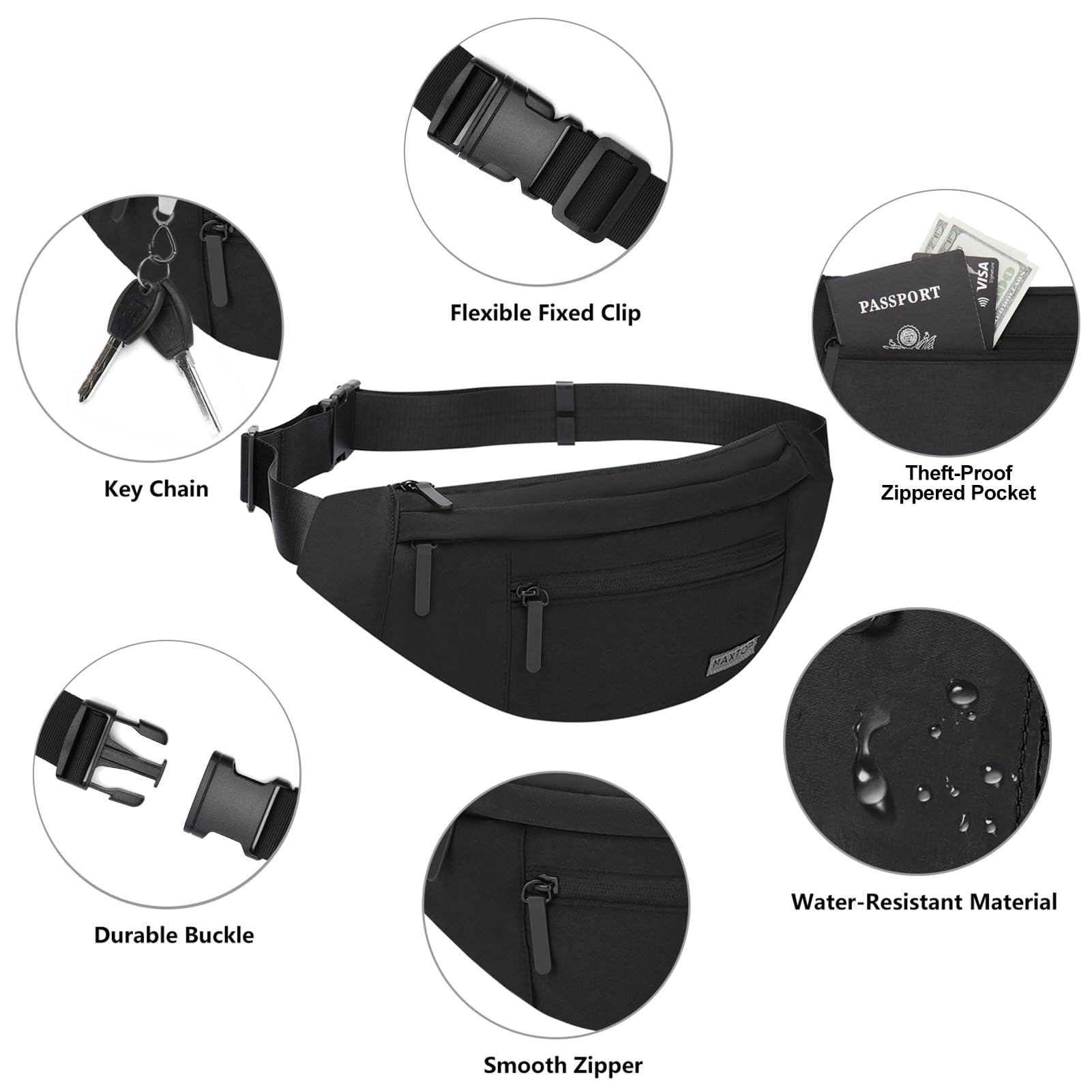 MAXTOP Riñonera grande esencial de viaje para mujeres y hombres, bolsa cruzada, regalo para viajes, ciclismo, senderismo, Negro, 14.5" x 5.9" 3.5"