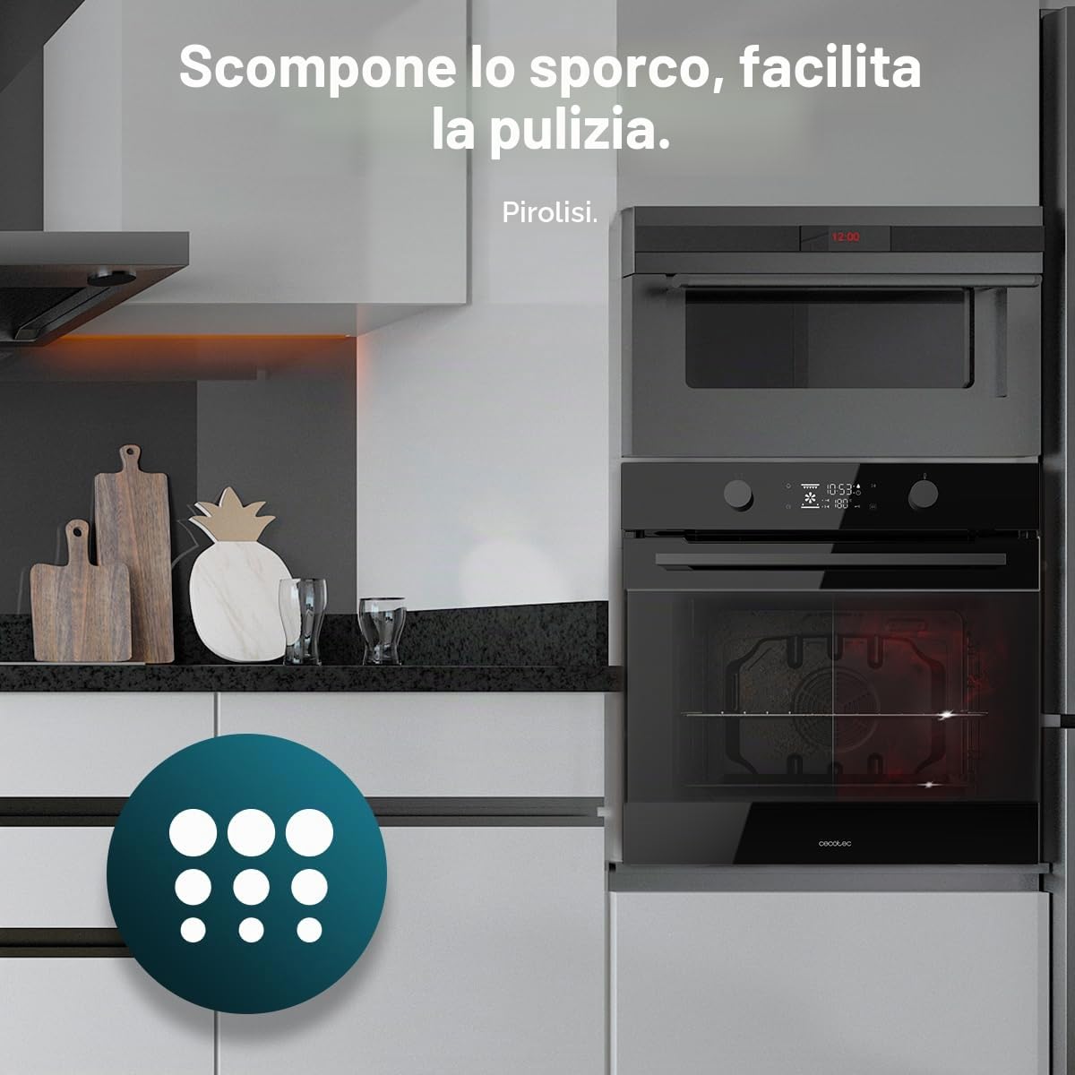 Cecotec Forno da Incasso Multifunzione Pirolitico Bolero Hexa P526000 Glass Black A. 2800W, 73L, 9 funzioni: Defrost, Convenzionale, Grill, Pirolisi. Display Touch, Cooling Fan, Porta Vetro, Classe A