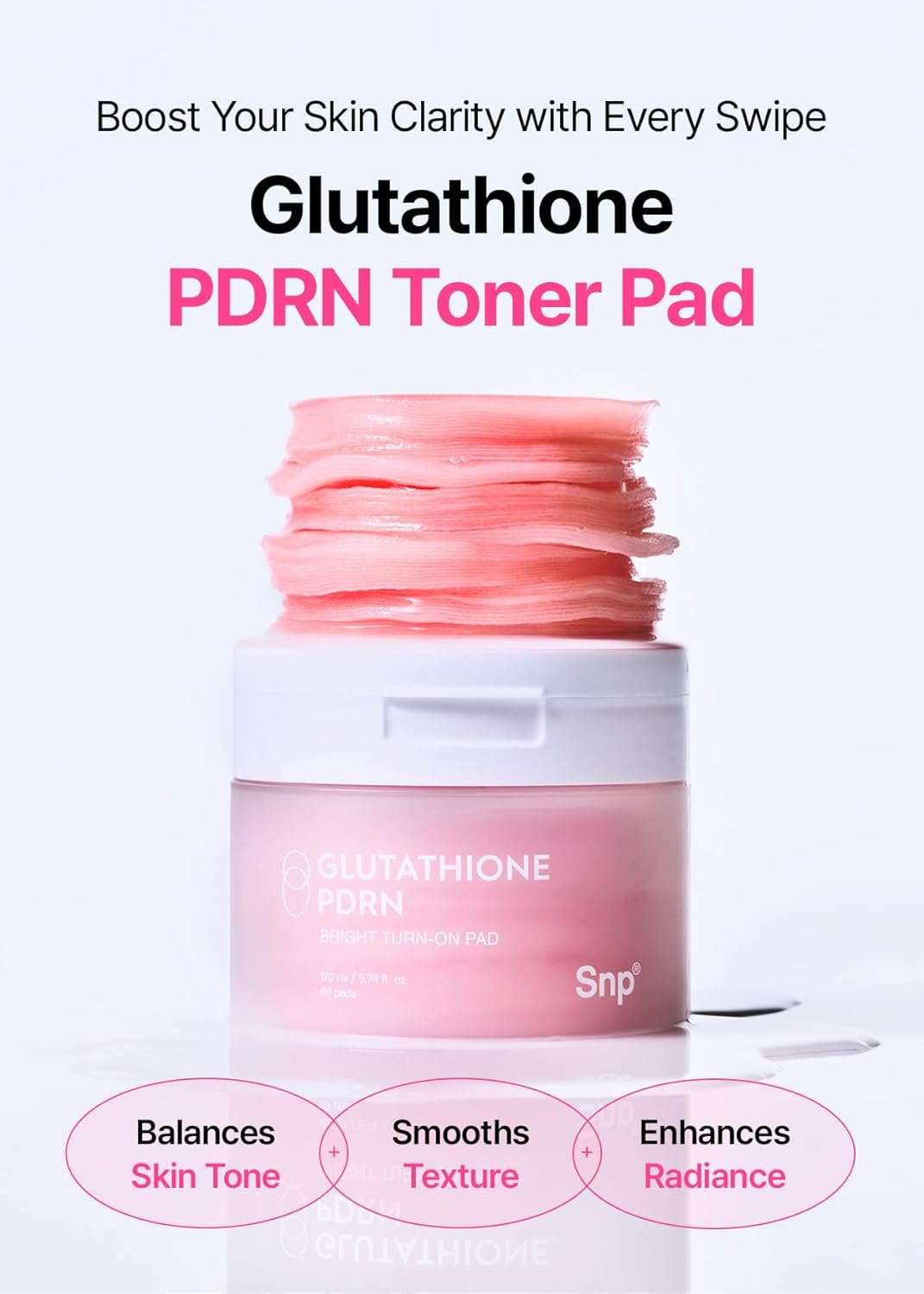Snp PDRN+99% Glutathione+Niacinamide Facial Toner Pads | Treat Blemishes Exfoliating Pad | LHA, PHA Acne Pad | Bamboo & Vitamin C, E, Ferulic Acid Double-Sided Patch | Toner Pads Korean | 60 Sheets - Image 2