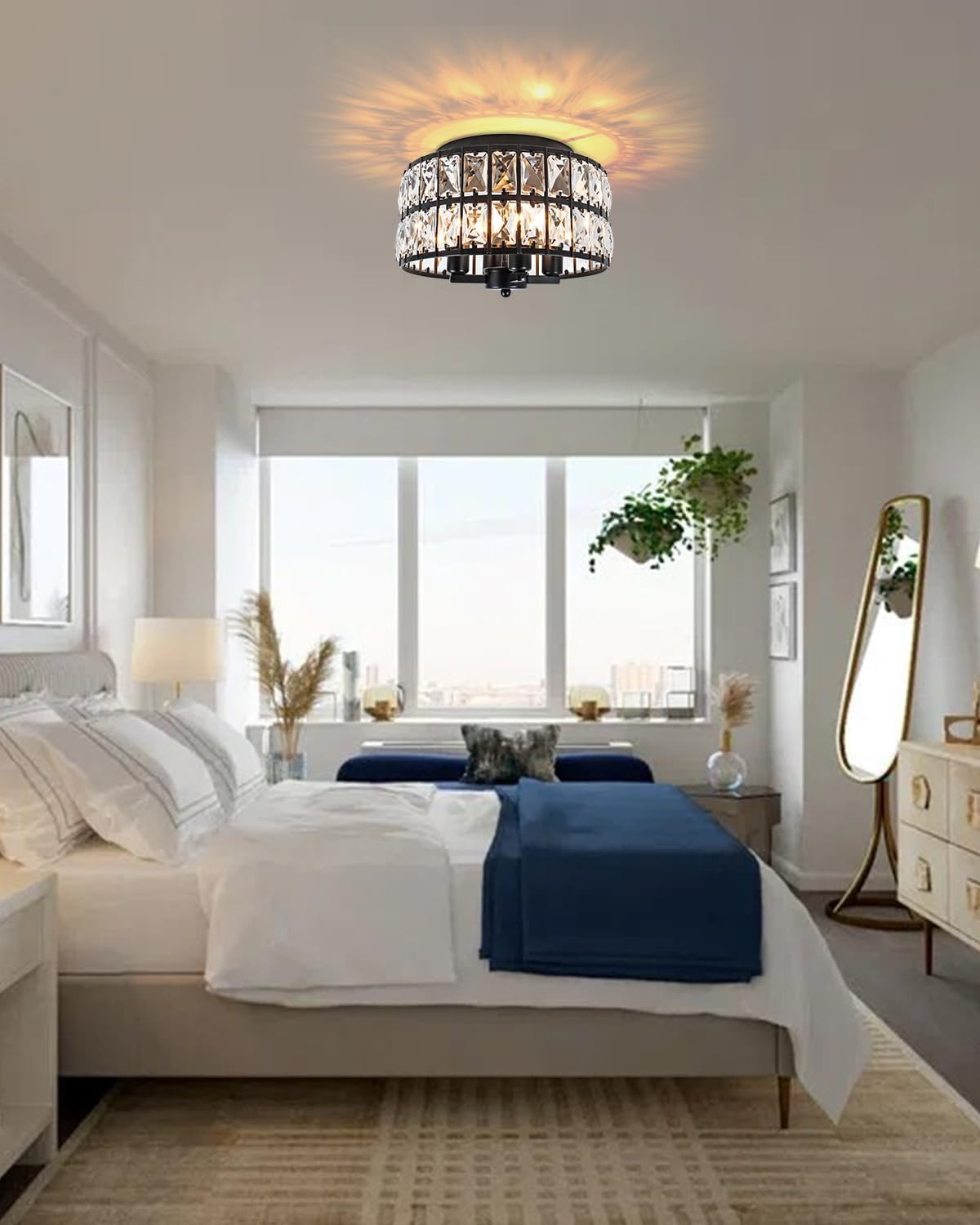 Black Crystal Flush Mount Ceiling Light, 4 Lights Black Dining Room Light Fixtures with E12 Base, Modern Close to Ceiling Light Fixture for Bathroom, Hallway, Kitchen, Bedroom, Entryway