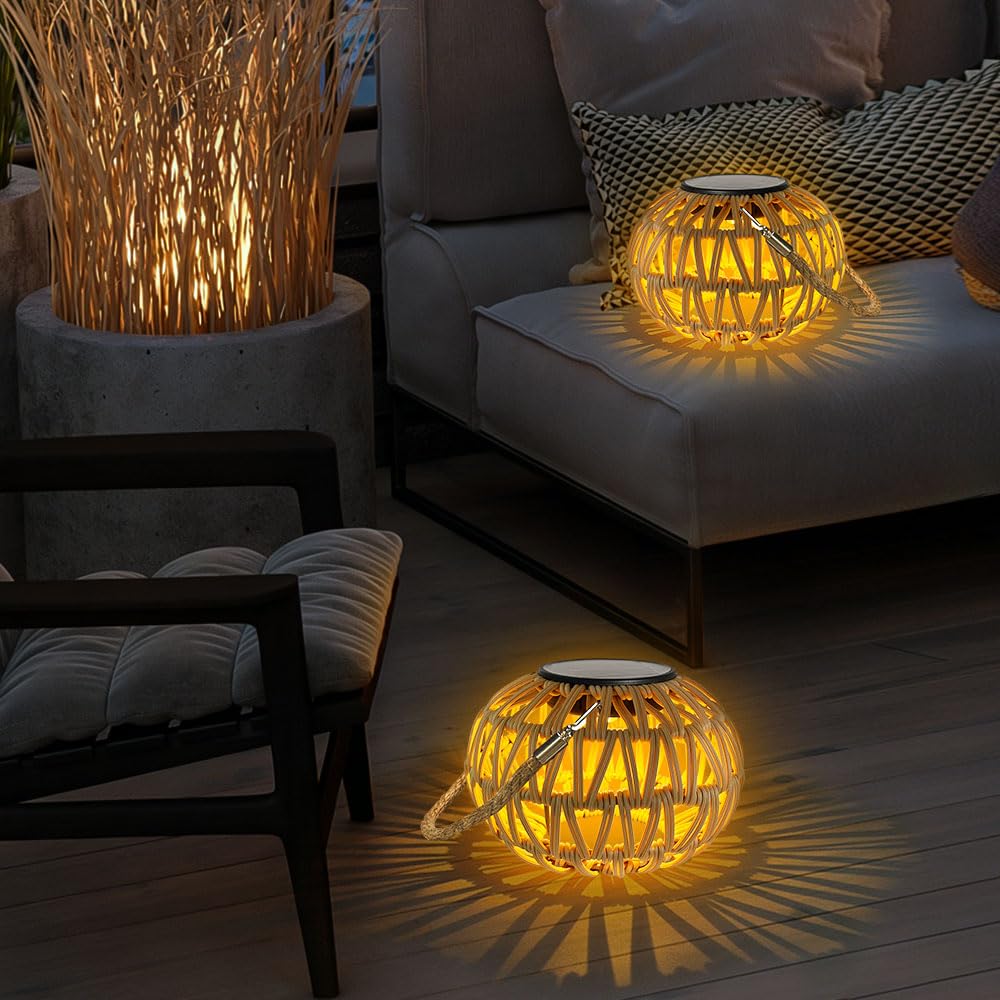 Lanterne Solaire Exterieur Rotin IP65 Imperméable Lampion Suspension Jardin Decoration Balcon Terrasse