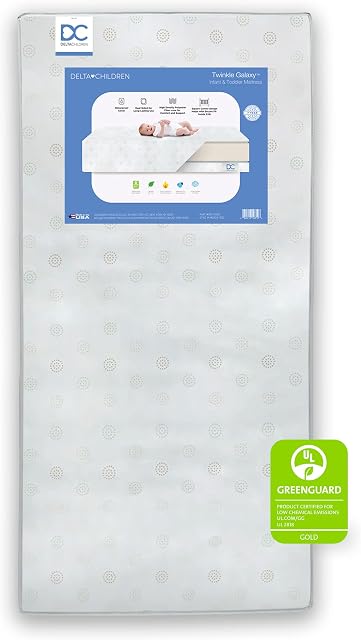 Delta Children Twinkle Galaxy Dual Sided Crib and Toddler Mattress - Premium Sustainably Sourced Fiber Core - Waterproof - GREENGUARD Gold Certified (Non-Toxic) - 7 Year Warranty - Made in USA