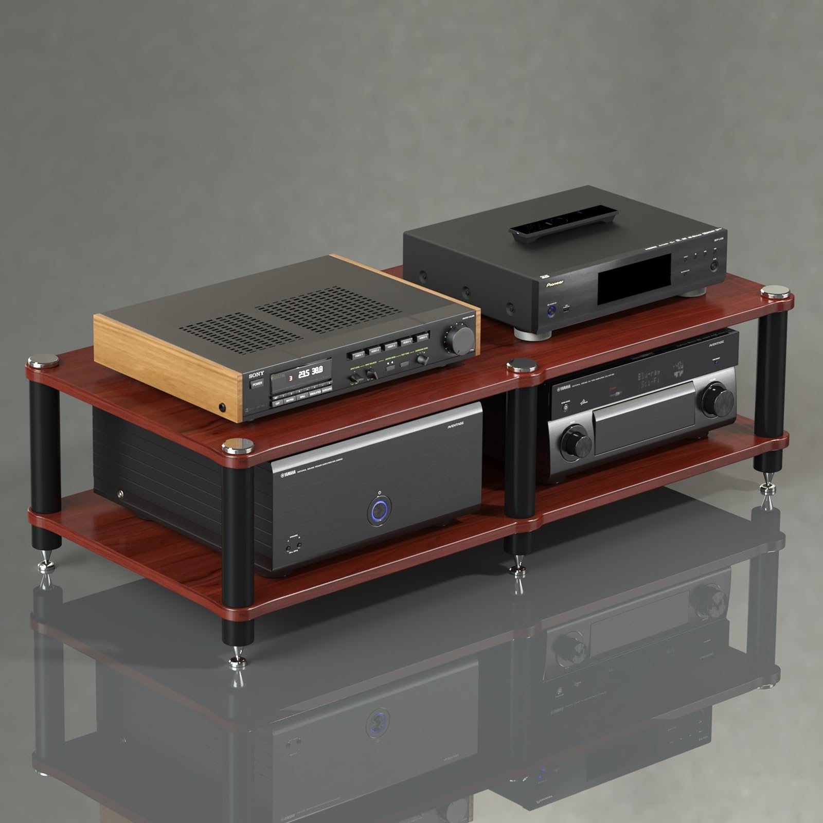 Mahoń 2-poziomowy stojak stereo, narożna półka na media AV, wieża audio, stylowe centrum rozrywki do przechowywania i wyświetlania komponentów stereo, 120 x 48 x 37 cm