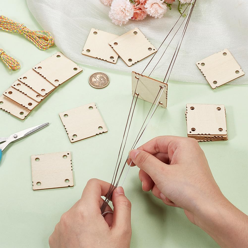 BENECREAT 24 Pcs Square Weaving Card, 1.8x1.8inch 4 Holes Loom Cards Handmade Weaving Tools for Loom Weaving Supplies Tablet Weaving Loom Weaving Supplies, Blanched Almond