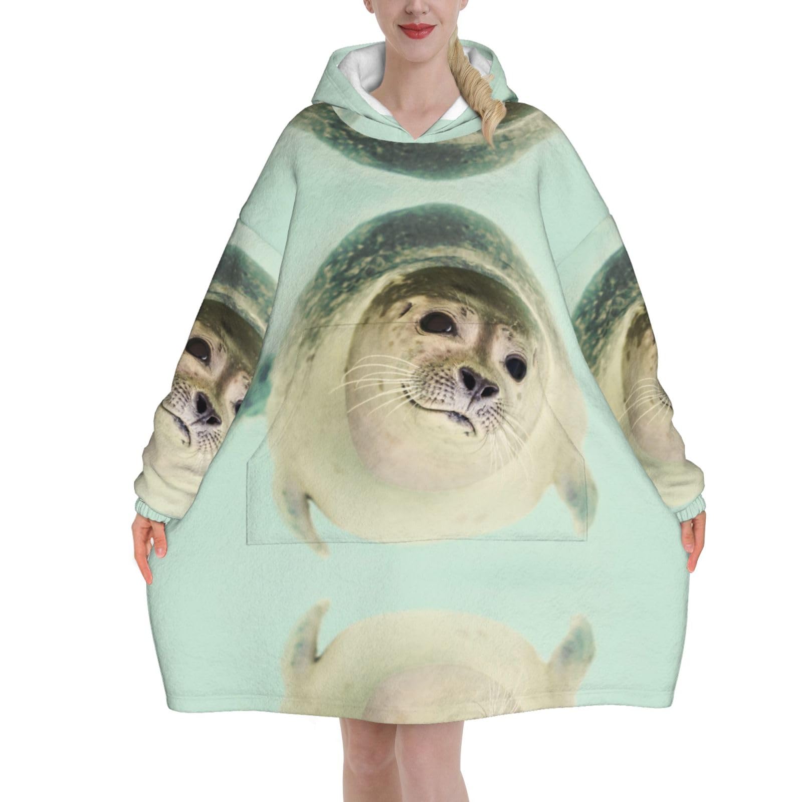 Underwater Seal,Women's Oversized Wearable Blanket Hoodie, Blanket Sweatshirt,Flannel Pullover Blanket