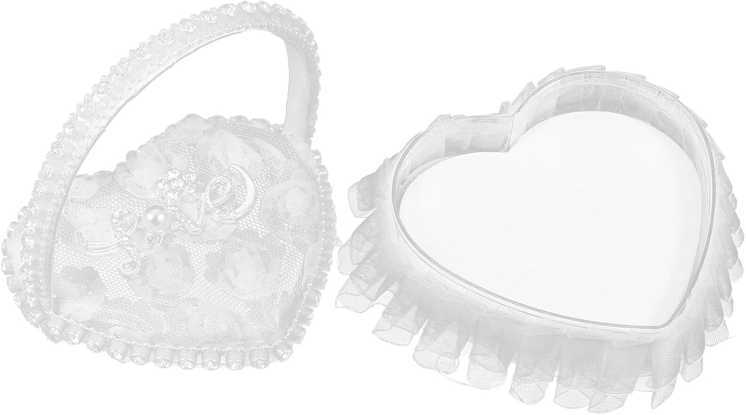 Wedding Ring Pillow Heart-Shape Satin Lace Mini Ring Bearer Pillow with Handle for Wedding Party Decor