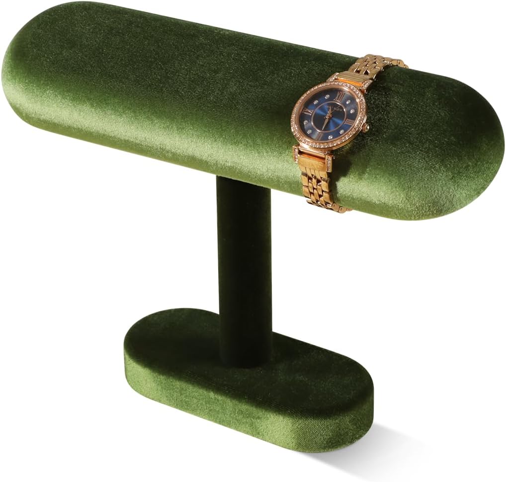 Resilient Velvet Watch Display Stand, T-Shape Jewelry Holder For Bracelet Necklace, Jewellery Store Retail Countertop Display Rack (Green, Semi-Flat)