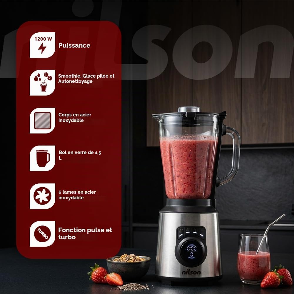 Mixeur Nutritionnel, 1200 W, Puissance Maximale, Capacité 1,5 L, 9 Vitesses, Affichage LED Manuel, Broyage, Mélange et Hache Glace, Fonction Turbo, NTB1200DX, Câble 80 cm, Inox