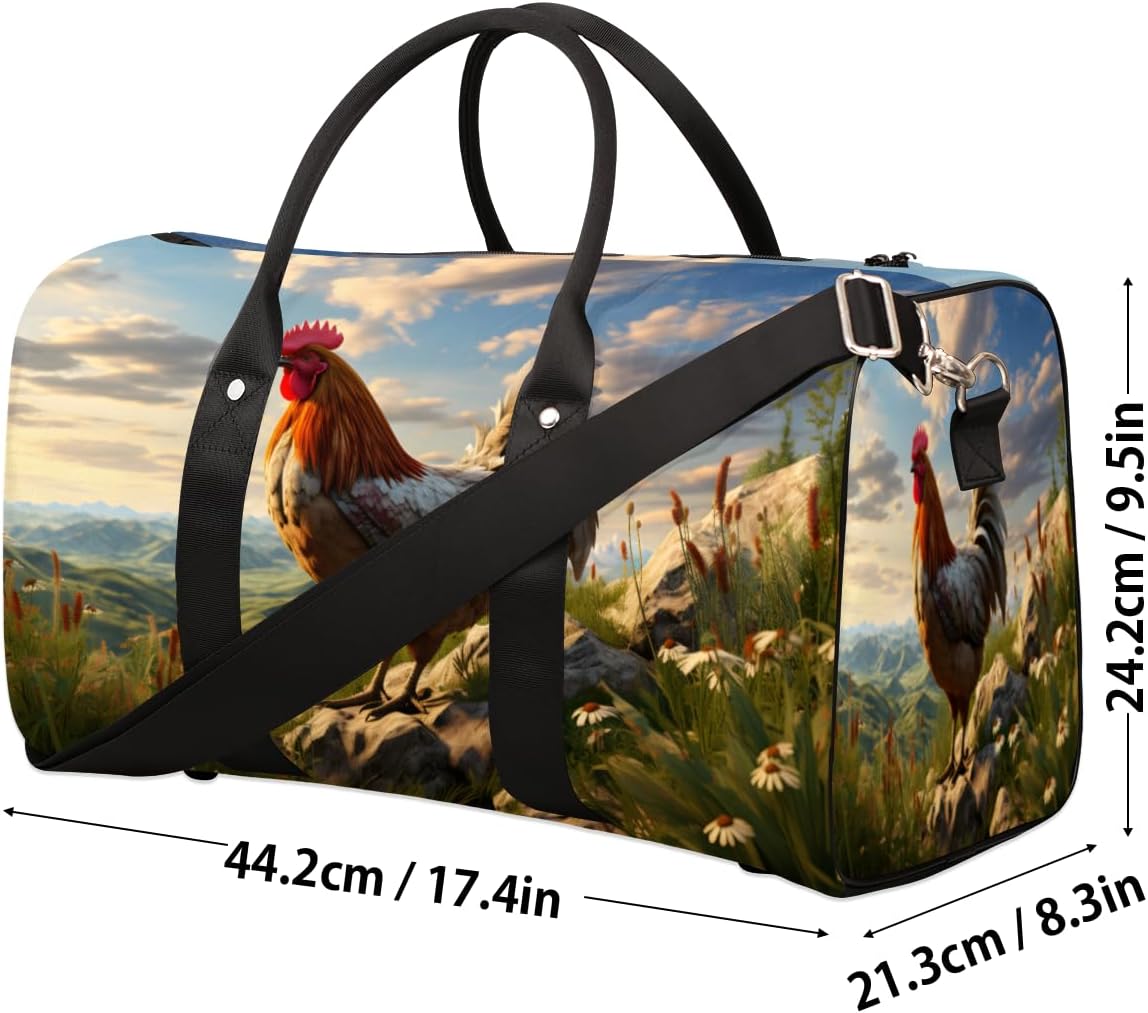 Mountain Flower Grass Rooster Travel Duffel Bag for Women Men Large Capacity Overnight Weekender Bags for Lightweight Waterproof Sport Gym Bag for Workout Yoga Swim