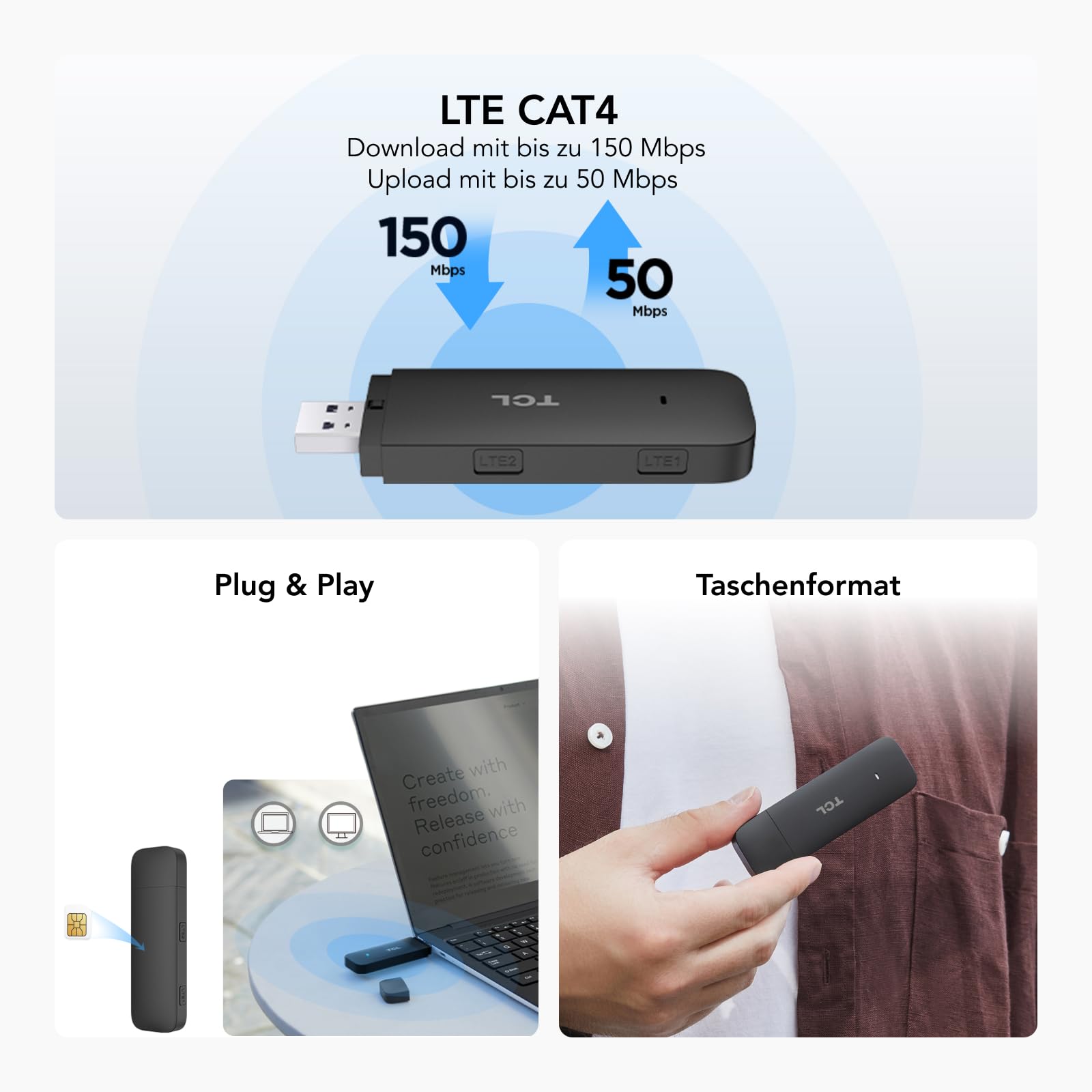 TCL LINKKEY IK41 – Tragbarer 4G LTE USB-Dongle mit 150 Mbps Geschwindigkeit, Plug-and-Play-Konnektivität