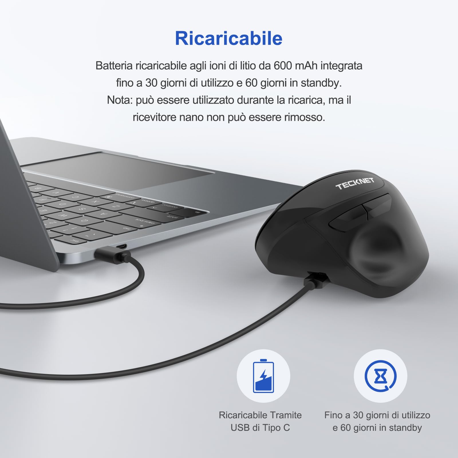 TECKNET Mouse Verticale Ricaricabile,Mouse Ergonomico Wireless 2400 DPI, 6 Pulsanti con 5 Funzioni Regolabili DPI per Computer, Laptop, Mac