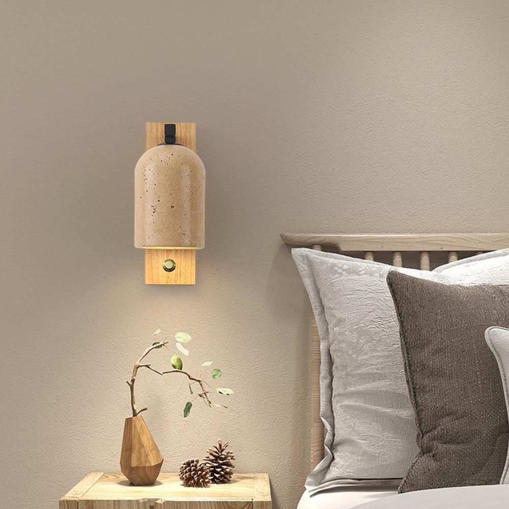 Applique Murale en Bois Massif, Applique Murale Japonaise en marbre Jaune Wabi-sabi, luminaires muraux de Style crème for Chambre à Coucher, Chevet, Salon, luminaires muraux câblés (Color : A)