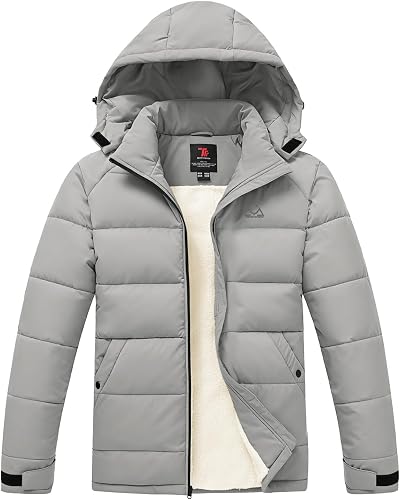 TBMPOY Men's Winter Coat Puffer Jacket Hood Fleece Insulated,Light Grey 2XL