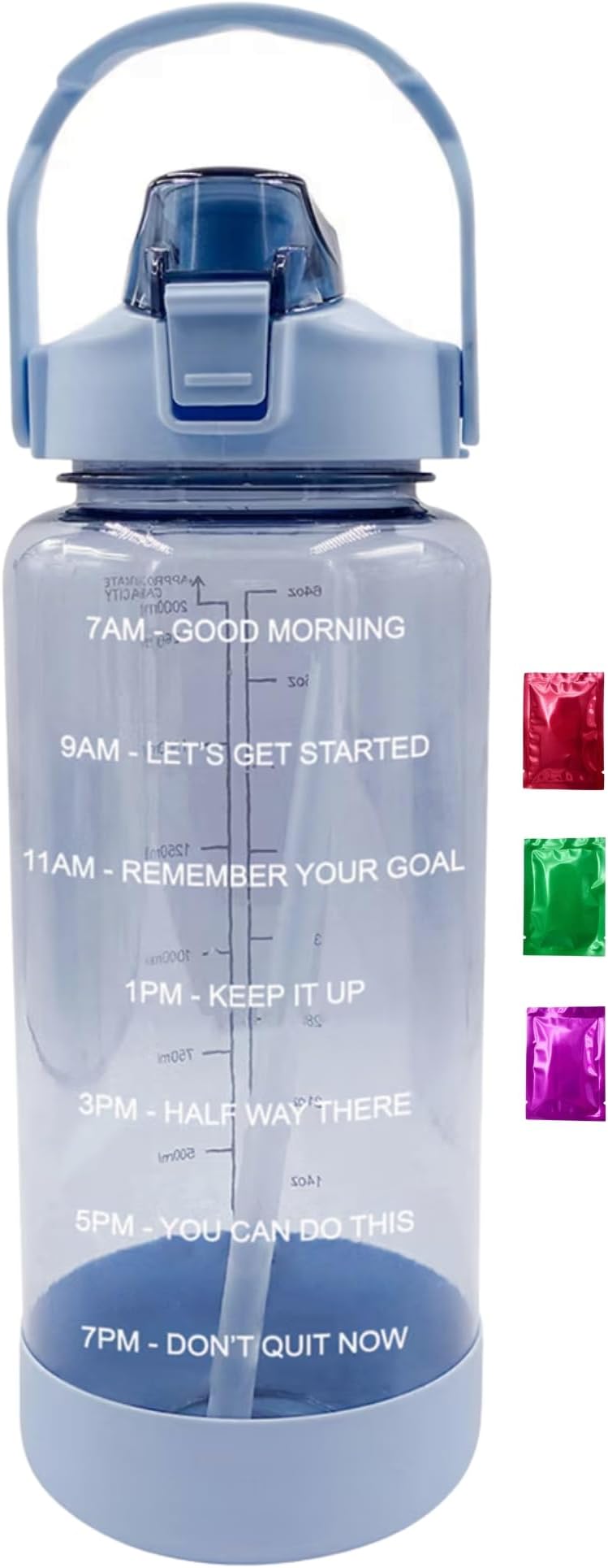 Motivational Water Bottle with Time Marker Straw and Handle 64 Oz 1 Pack, Transparent Blue Large Plastic Tumbler for Gym Travel Work Fitness Hydration Goals with Snoep in Beperkte Oplage