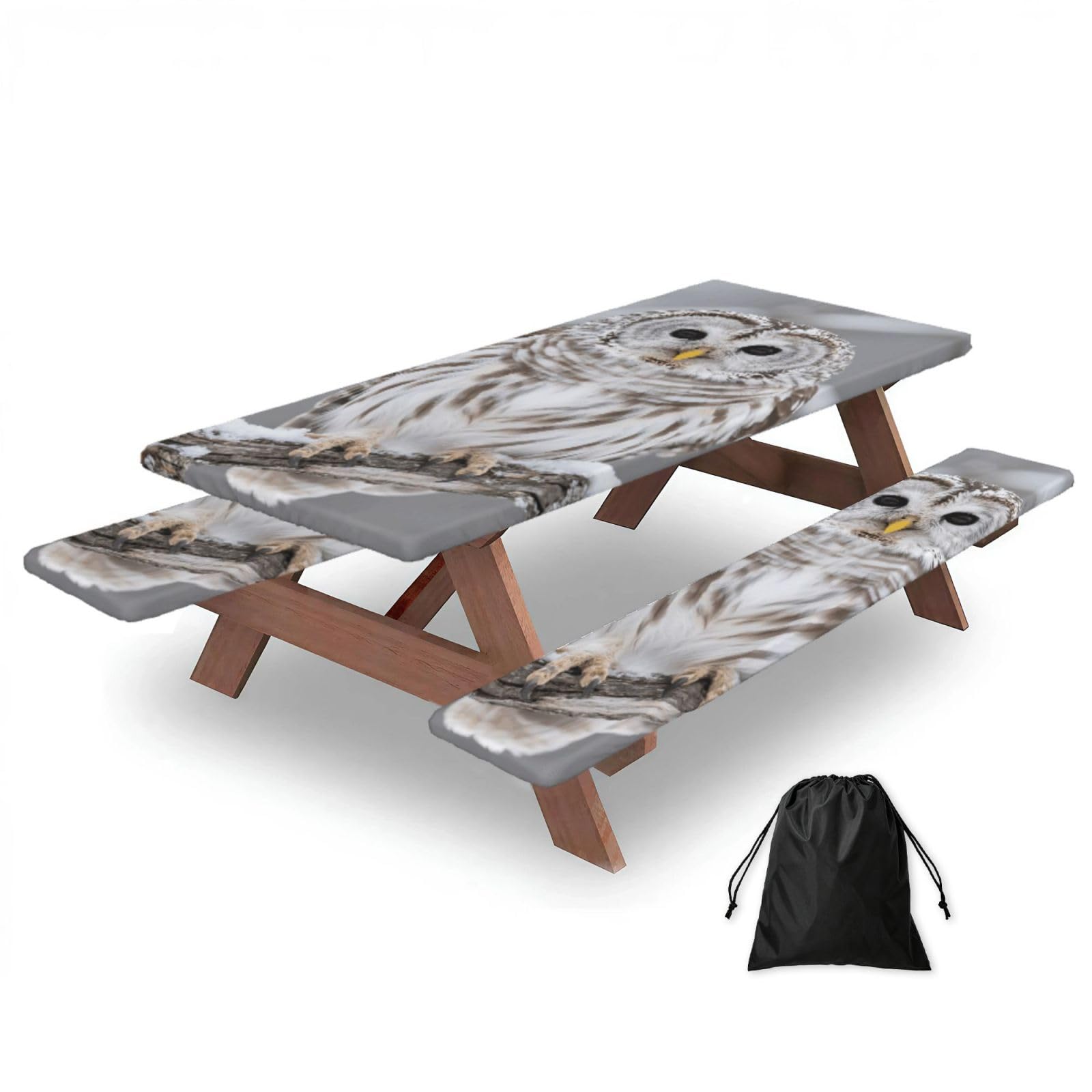 FekiLoot Curious Barred Owl Closeup Picnic Table Cover with Bench Covers and Bag, Windproof Waterproof Rectangle Tablecloth with Elastic Edges Fitted Camping Table Covers Portable Camping Accessories