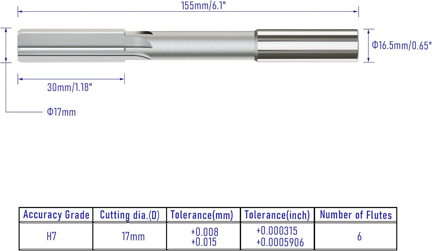 Chucking Reamer 17mm, H7 HSS Cobalt M35, Lathe Machine Reamer | Metric, 6 Straight Flutes, Round Straight Shank Milling Cutting Tool, for Stainless Steel Alloy Copper Metal