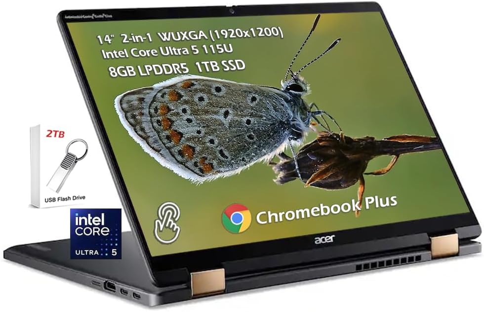 acer Chromebook Plus Spin 714 2-in-1 Laptop Google AI, 14" WUXGA Touch, Intel Core Ultra 5 115U, 8GB LPDDR5 1TB SSD, Backlit KB Wi-Fi6E Bluetooth Chrome OS, Steel Gray, w/2TB USB Drive, W/GaLiMu