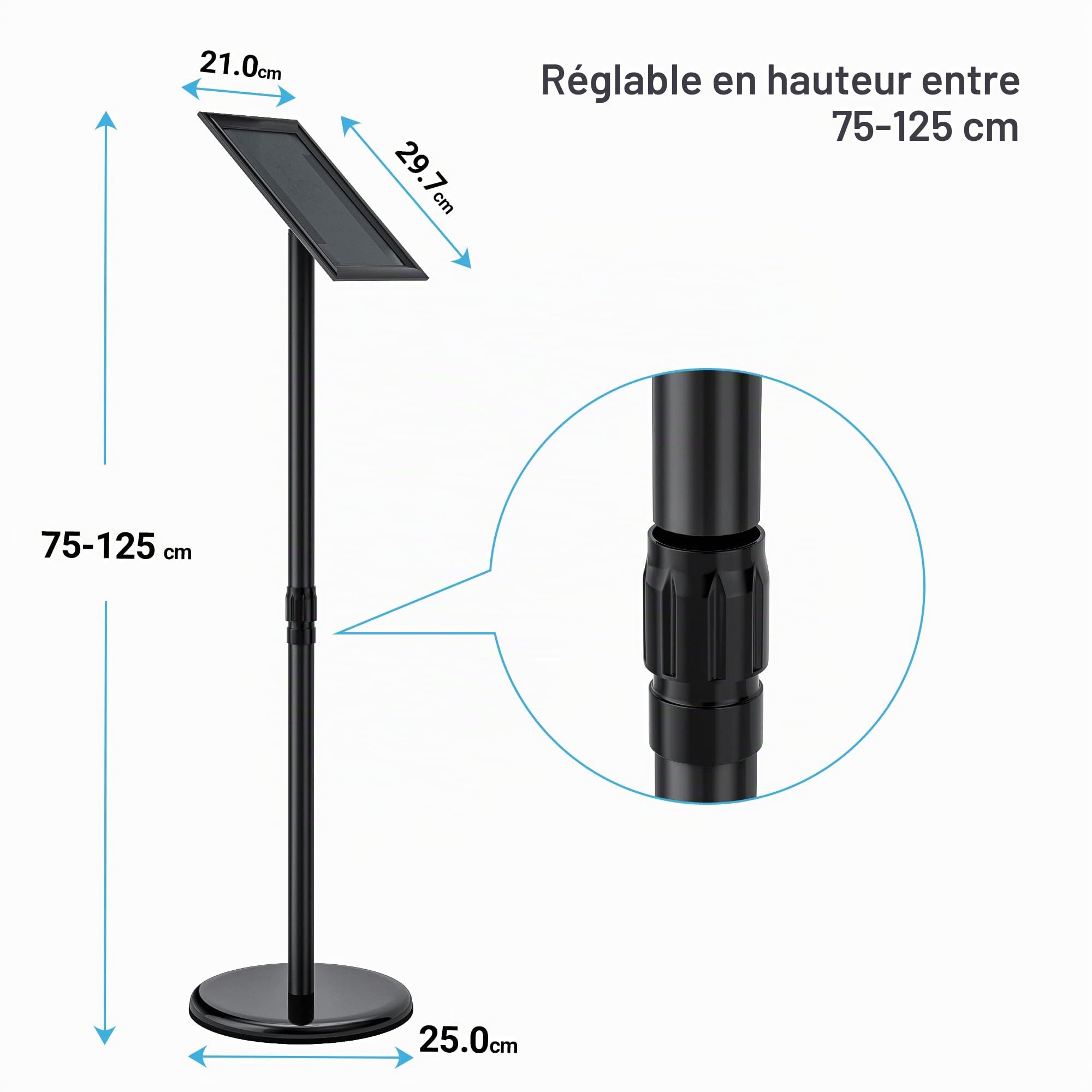 Support d'information en acier inoxydable - Réglable en hauteur - DIN A4 - 297 x 210 mm - Noir - A4