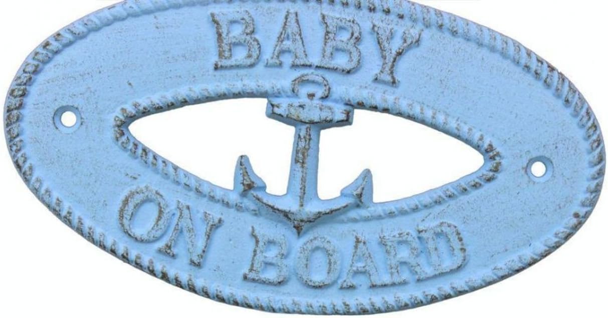 Hampton Nautical Rustic Light Blue Baby on Board with Anchor Sign 8"-Decorative Metal Wall Art-Cast Iron
