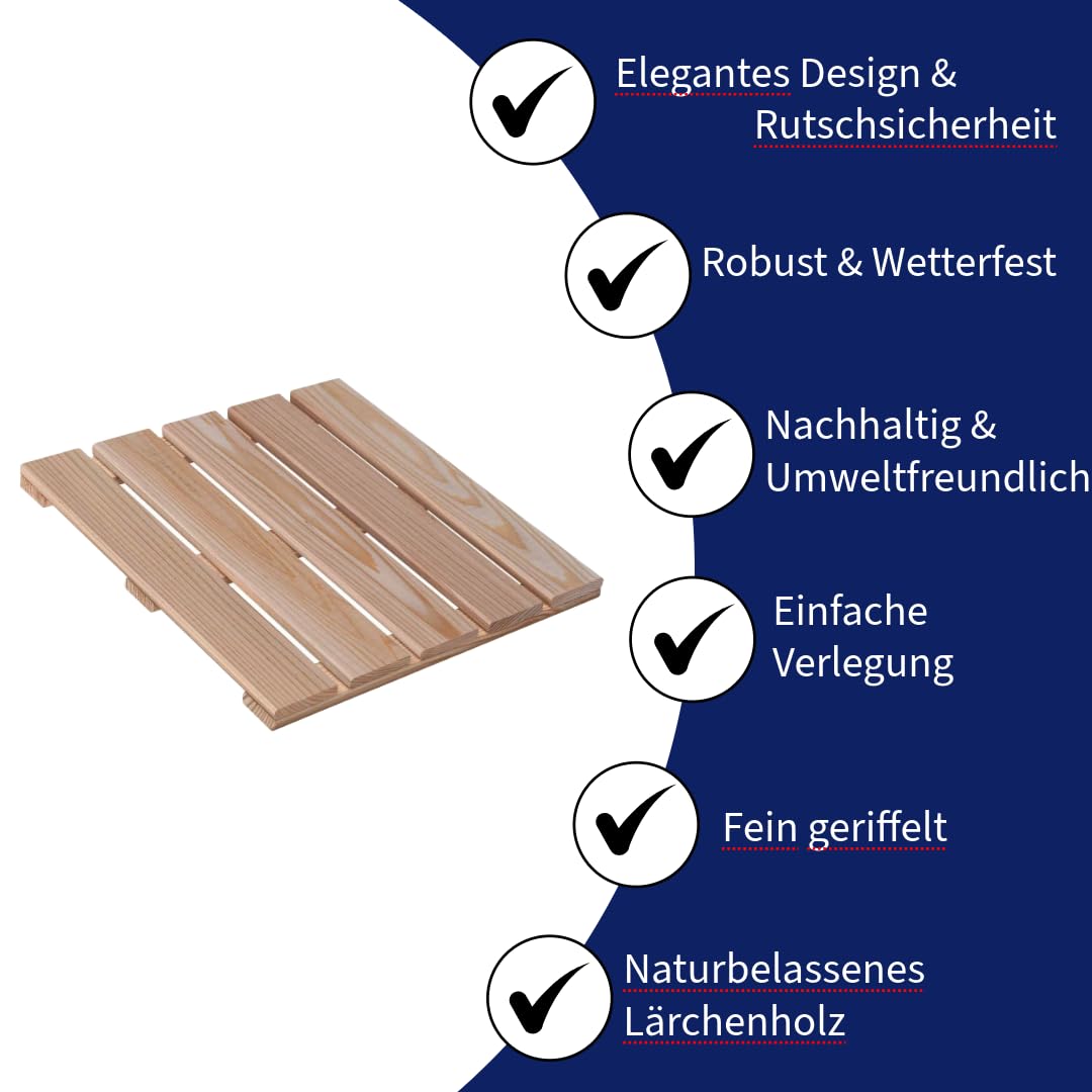 6 Stück Holzfliesen aus Lärchenholz 40 x 40 cm - Wetterfester Outdoor-Bodenbelag für Terrasse, Balkon & Garten