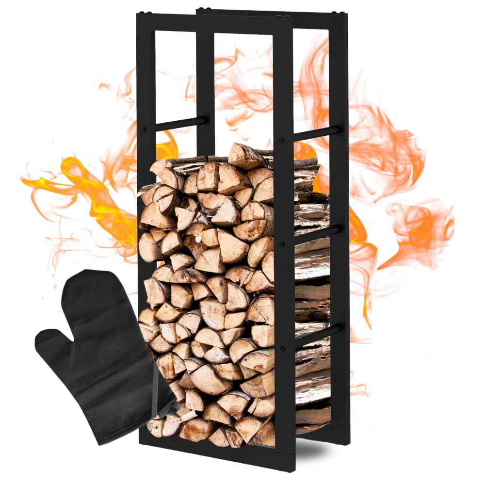 DELUKE Kaminholzregal innen Metall KEOP | Schwarz | 40x25x100cm | Brennholzregal Inkl. Ofenhandschuh | Feuerholzregal Kaminholzhalter Holzständer Holzhalter Holzlager