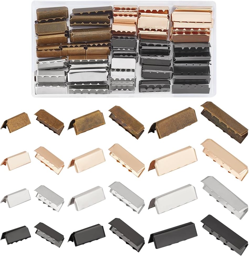 PH PandaHall 72pcs Ribbon Clamp Ends, 12 Styles Belt Buckle End Ribbon Crimp Ends Webbing Ends Fasteners Jewelry Findings for Jewelry Craft DIY Choker Bracelets Student Belt Clip Repair Belt Ending