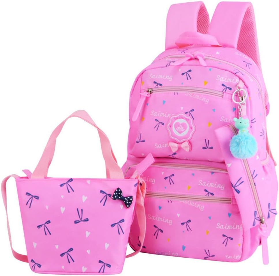 VIDOSCLA 3Pcs Cute Heart Backpack Sets Bowknot Elementary Schoolbag Girls Rucksack Daypack with Lunch box Pencil case