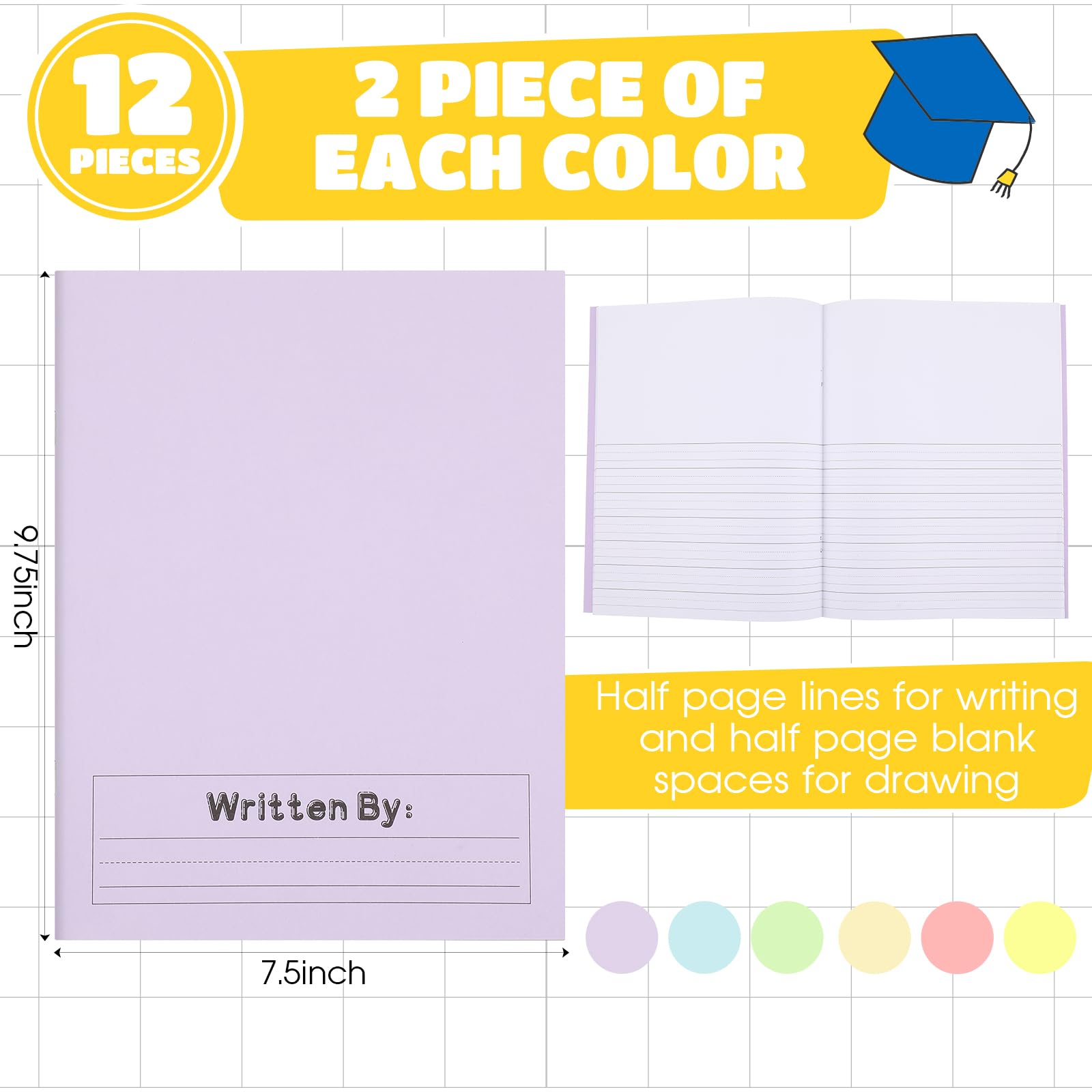 Henoyso 120 pagine, quaderni per composizione primaria, K-2, 9 3/4 x 7 1/2 pollici, diari primari, libri vuoti per bambini, per scrivere storie all'asilo (colore chiaro, 12 pezzi)