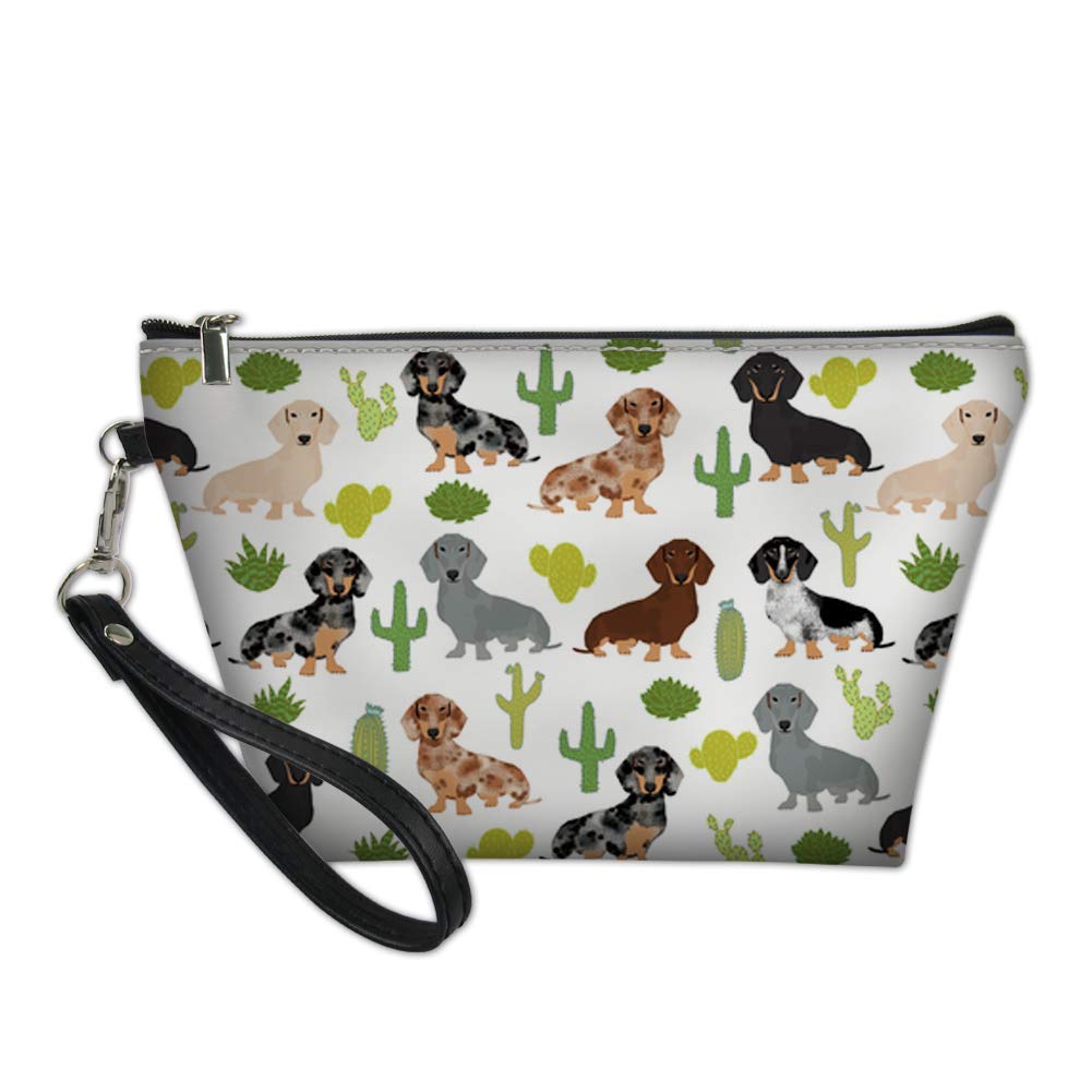 Bigcardesigns Ladies PU Leather Makeup Bag Cactus Dachshund Print Durable Case Cosmetic Purse