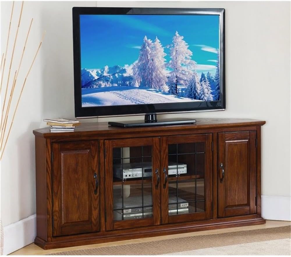 BOWERY HILL Holliday 56" Corner TV Stand Console Solid Wood with Glass Door Storage in Burnished Oak