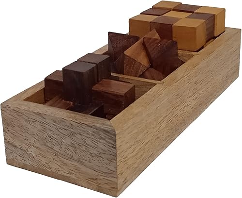 Miniatura 3 de Purpledip Juego de rompecabezas de madera 3 desafíos mentales cerebrales con caja de almacenamiento (12629)