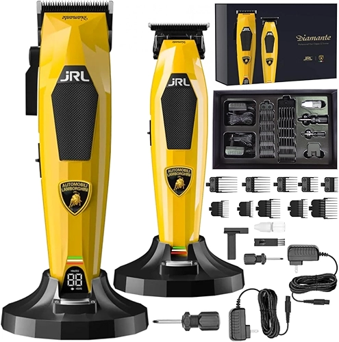 JRL Diamante 2025C, Máquina de Corte Profissional Edição Lamborghini, Motor Brushless 8200 RPM, Display LED, Bateria 4h, Amarelo, Base de Carregamento e Pentes, Kit Completo