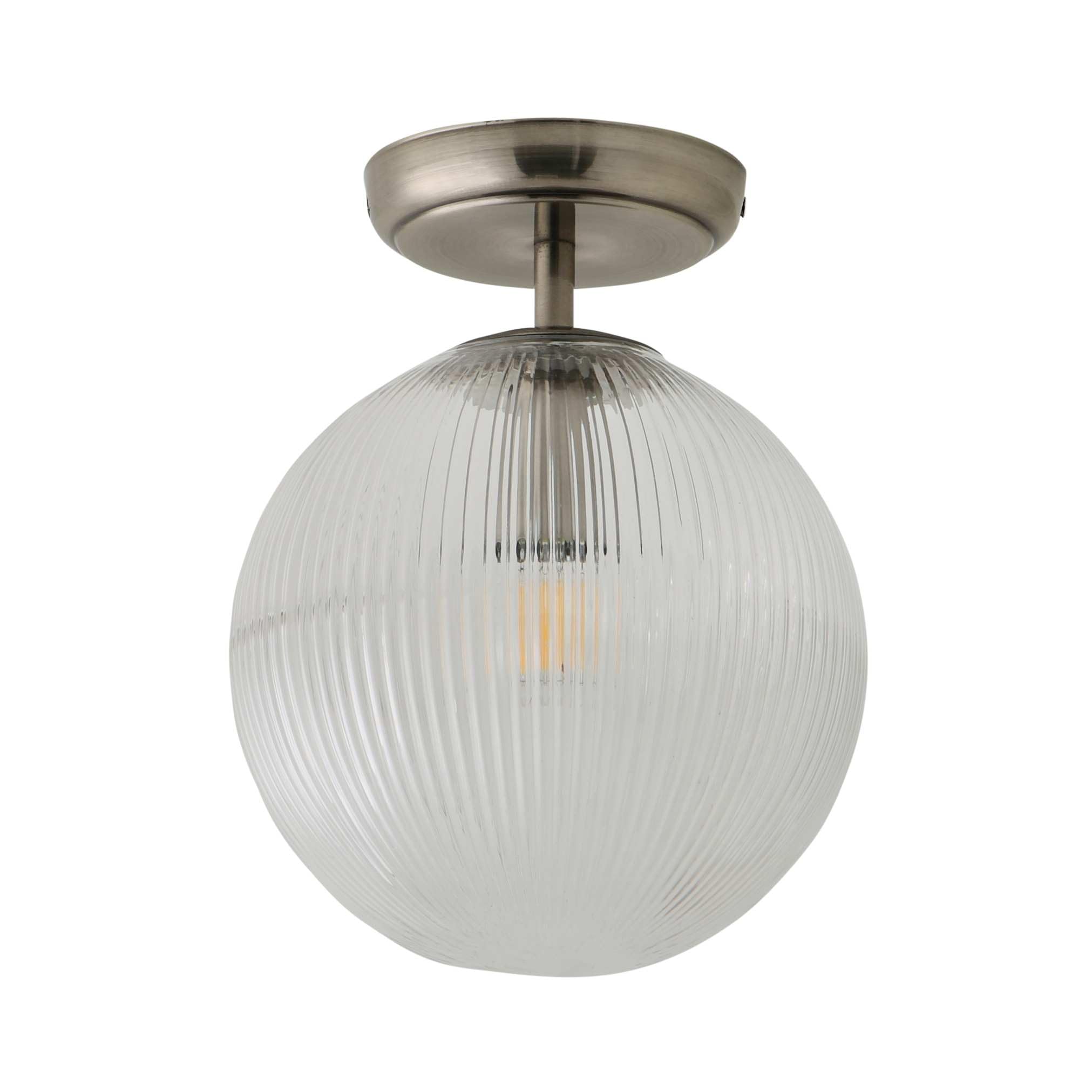 Kempton Ribbed Glass Globe Flush Ceiling Light - Silver - ValueLights