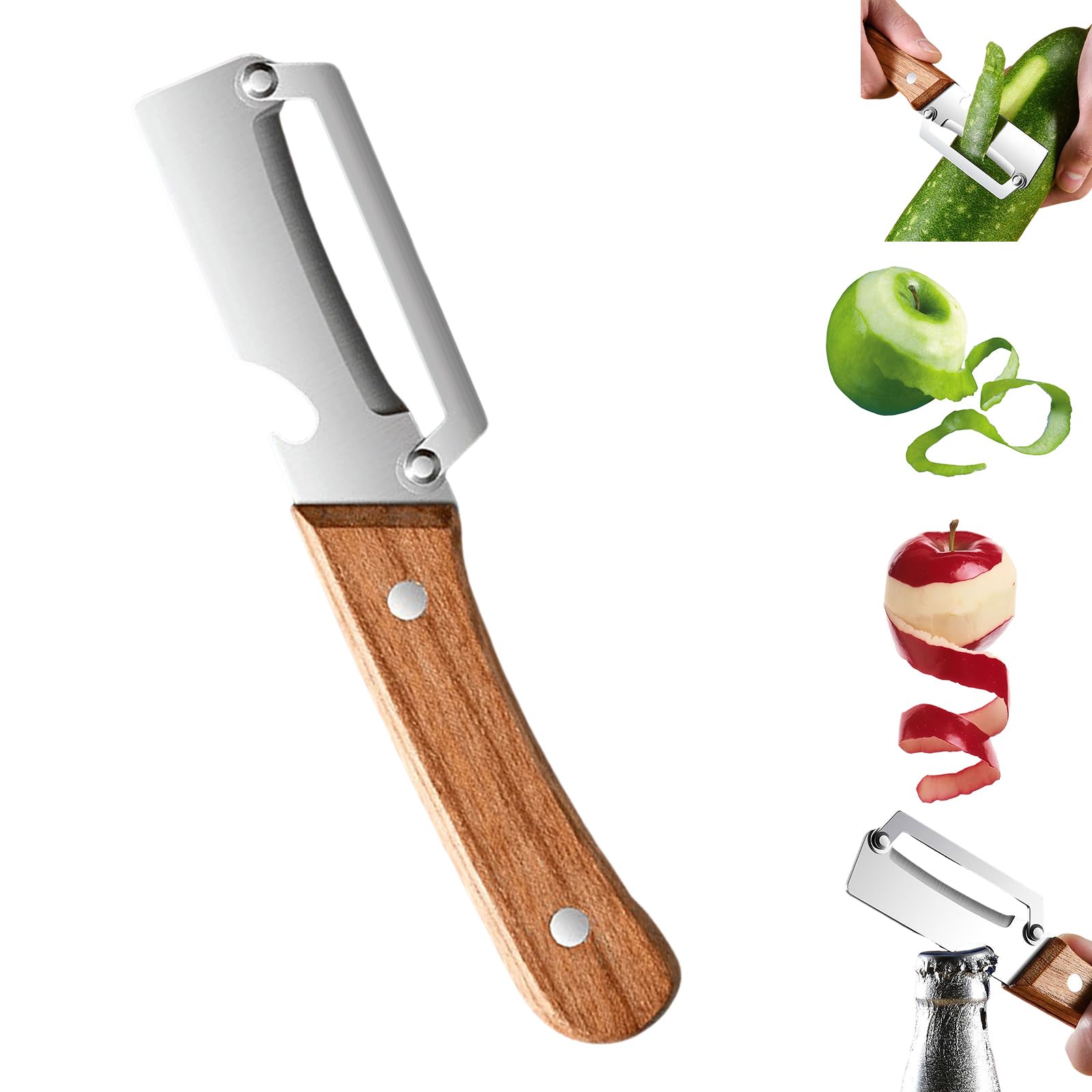 2 en 1 Éplucheur de légumes multifonctionnel la cuisine lame en acier inoxydable ultra aiguisée et manche bois ergonomique Eplucheur Bois Ouvre Bouteille Outil Cuisine Double Usage Fruits et Légumes - 3