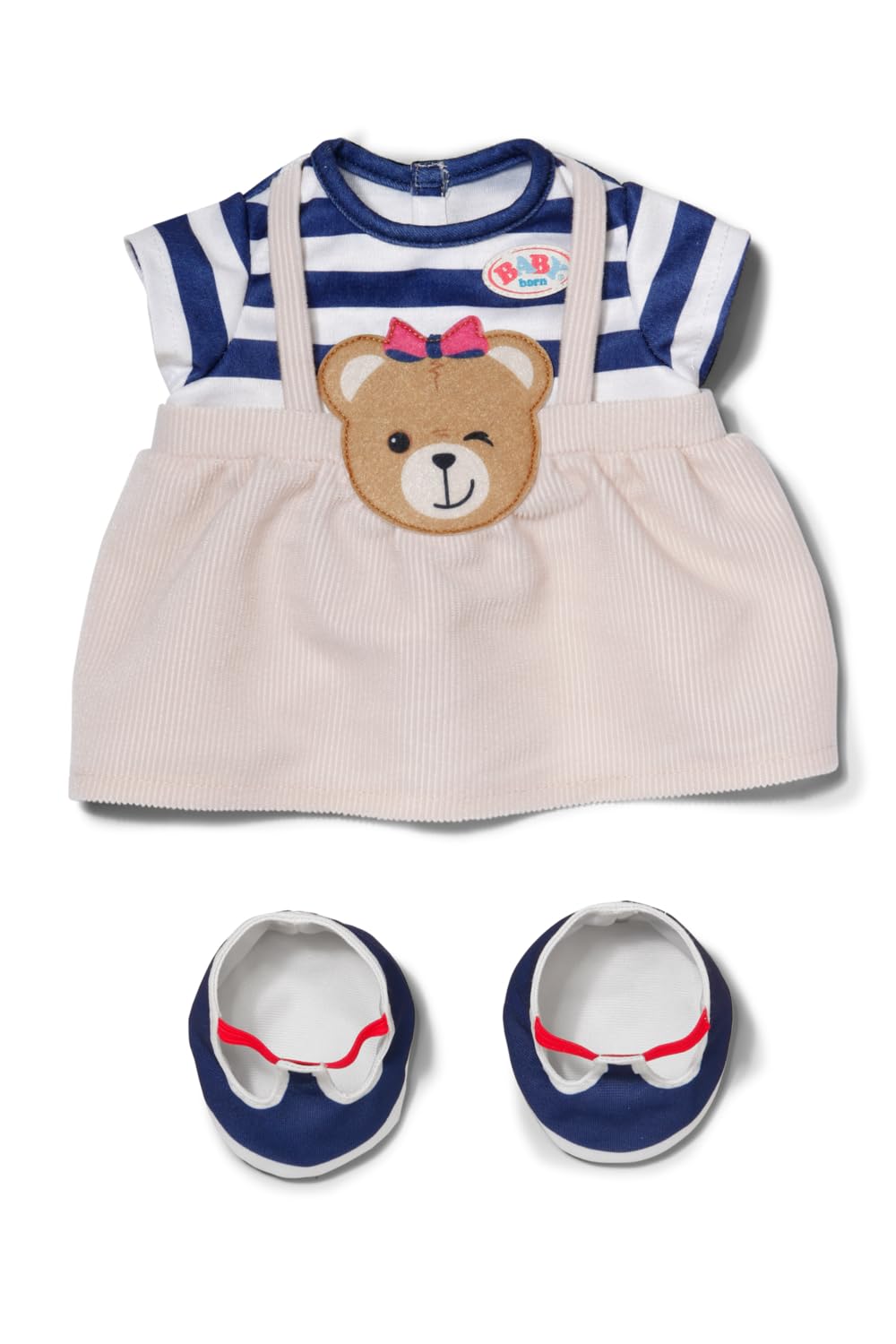 BABY born Teddy Sukienka w paski z aplikacją misia i dopasowanymi butami - dla lalek 43 cm - 3 lata