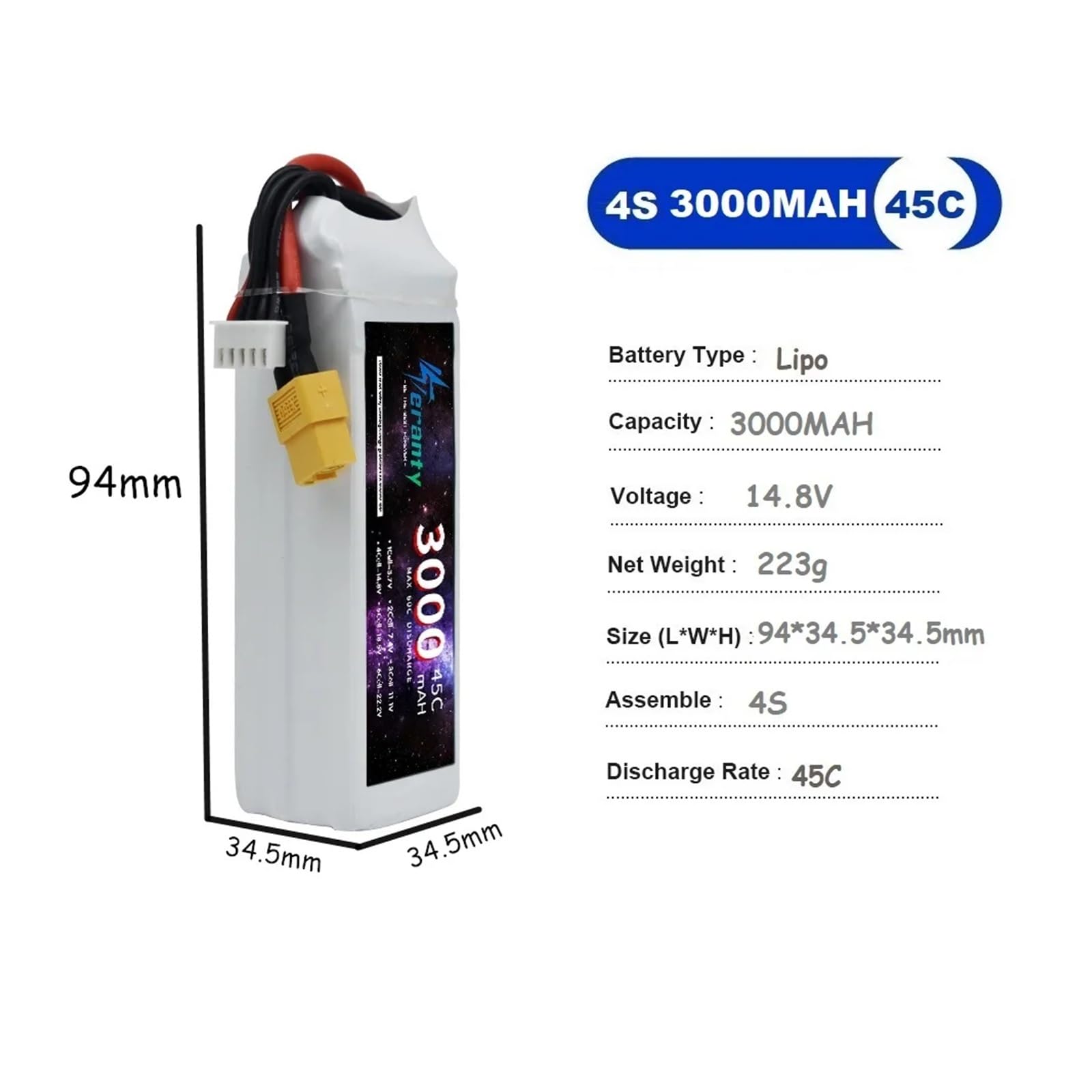 Batteria LiPo 1/3 pezzi 4S 14,8 V 3000 mAh, compatibile con Deans, spina XT60 XT30, compatibile con batteria RC for auto, elicottero, drone, barca, aereo, 45C(3PCS with XT60)