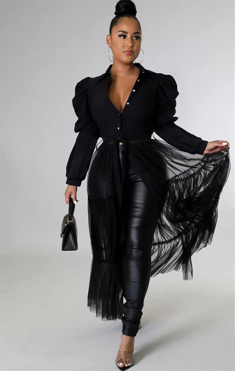 Ekaliy Women’s Sexy Blouses Tunic Long Ruffle Sleeve Button Down Shirt Sheer Mesh Maxi Dress with Belt - Image 2