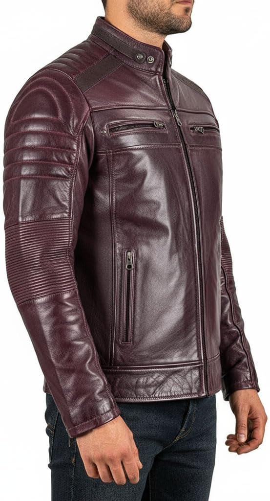 Men's Cafe Racer Biker Jacket - Genuine Lambskin, Real Leather Motorcycle Jacket - Image 3