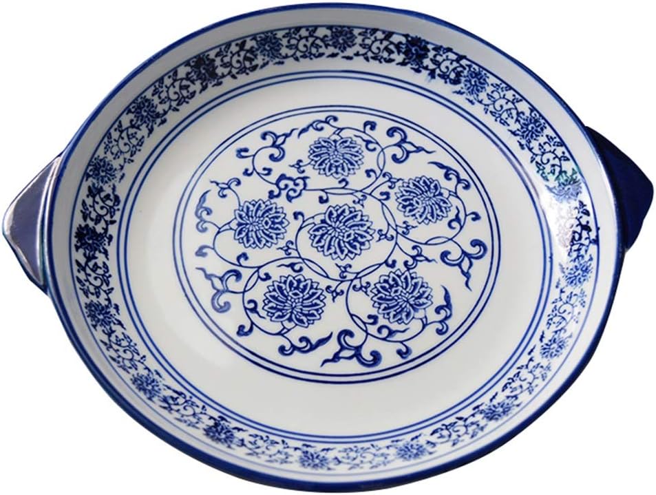 Hand-painted Blue and White Porcelain Plate Party Camping Baking Tray with Ears,White-9 in(20cm)