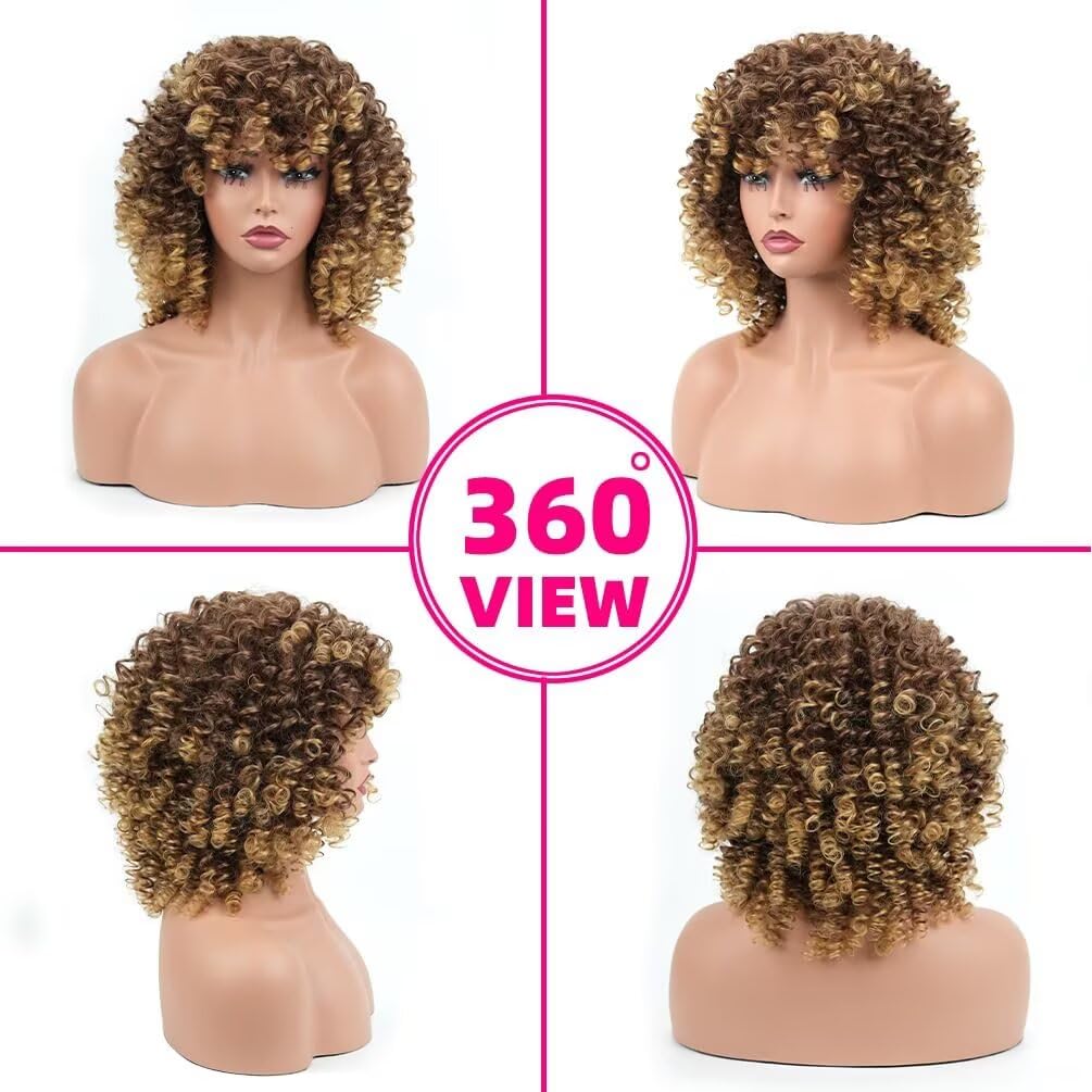 Afro Curly Wigs for Black Women Curly Glueless Wig with Bangs Ombre Brown Mixed Blonde Colored Full Kinky Curly Afro Hair with Bangs Synthetic Heat Resistant Wigs