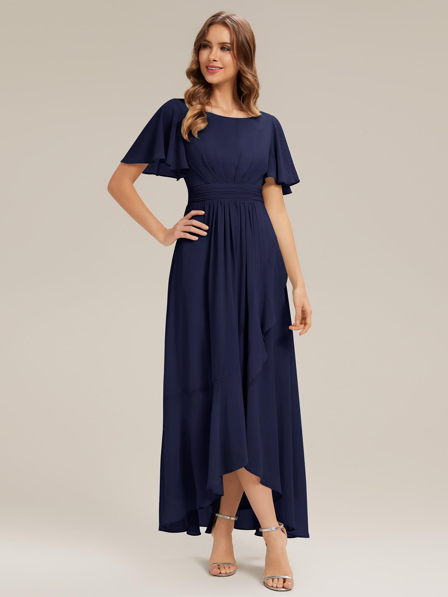 Ever-Pretty Abendkleider Chiffon Lang Brautjungfernkleider High Low Rundhalsausschnitt Rüschen Festliche Kleider ES02708